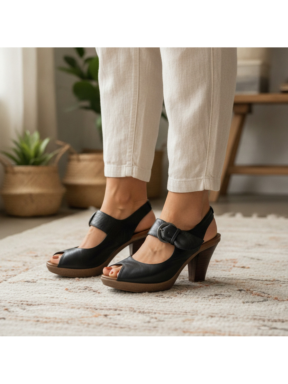 Naya Arvada Black Leather Slingback Peep-Toe Heels Sandals Size 8 M